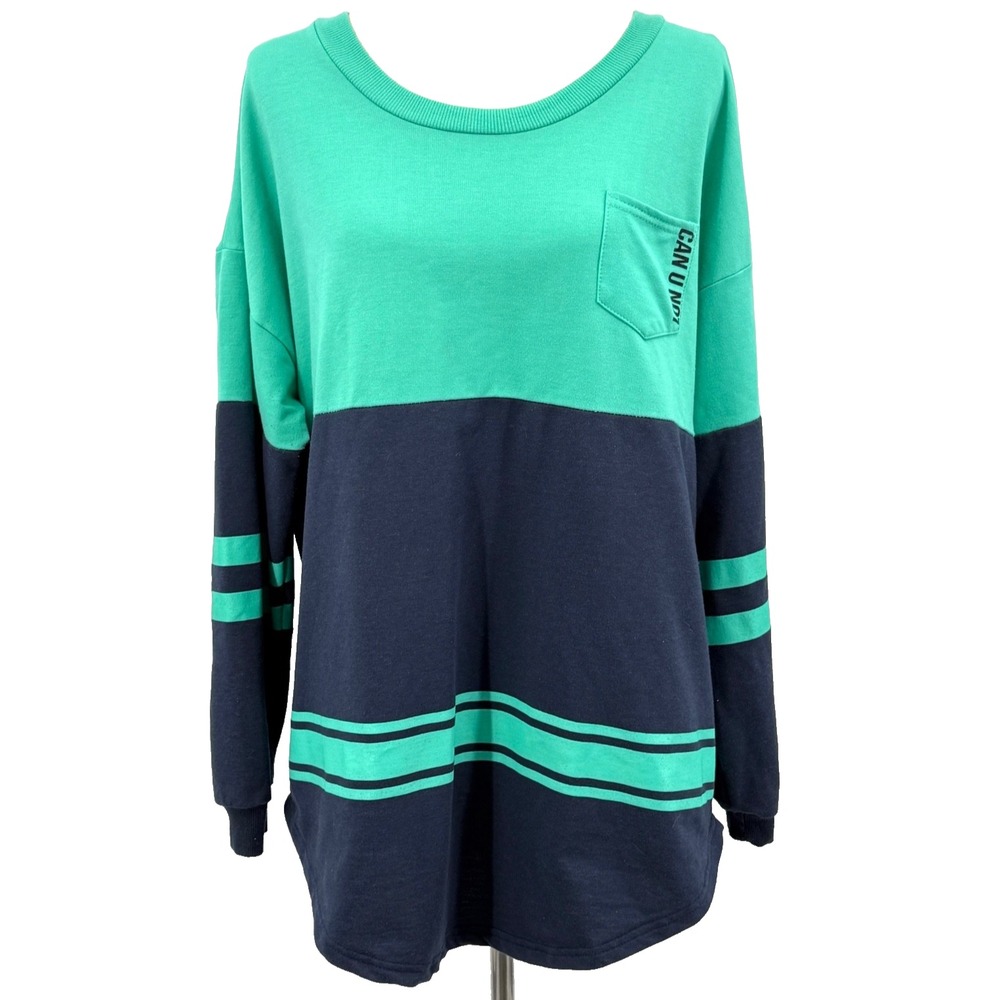 Rue 21 Womens‎ Sweatshirt XL Green Blue Can You Not Sequins Spellout Colorblock